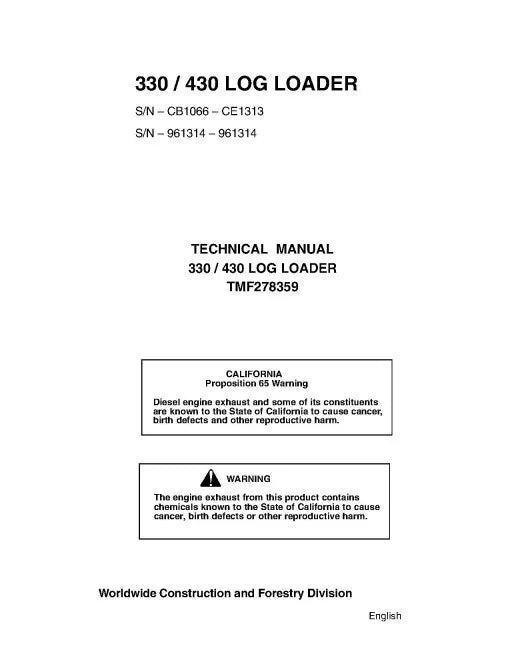 John Deere / TimberJack 330 and 430 Log Loader Service Technical Manual (TMF278359)