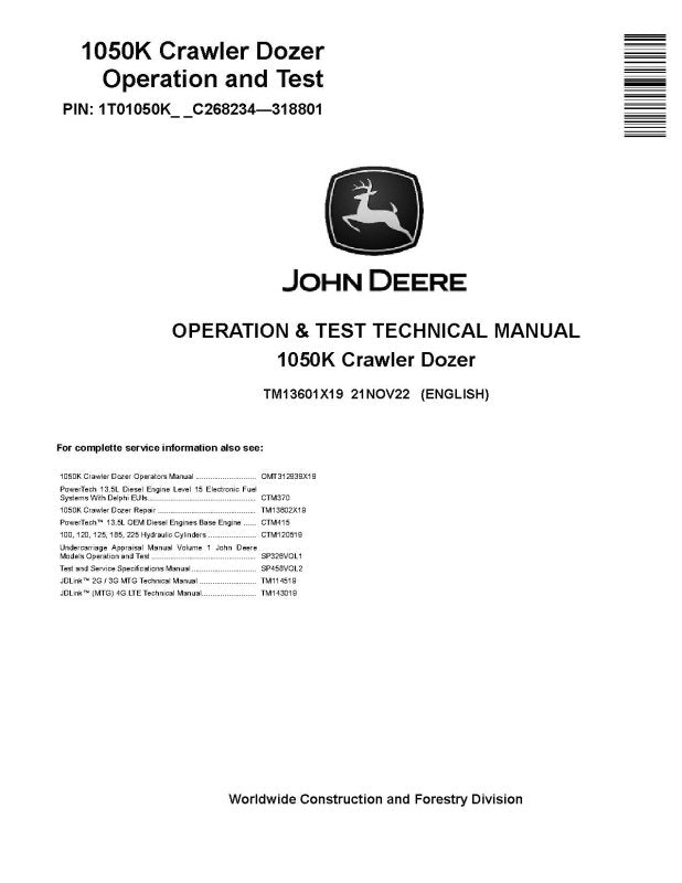 Operation and Test Manual - John Deere 1050K (SN: C268234-318801) Crawler Dozer (TM13601X19)