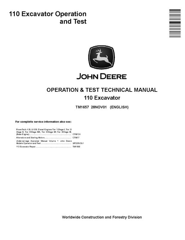 Operation and Test Manual - John Deere 110 Crawler Excavator (Metric) (TM1657)