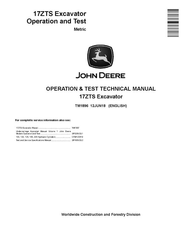 Operation and Test Manual - John Deere 17ZTS Compact Excavator (TM1896)