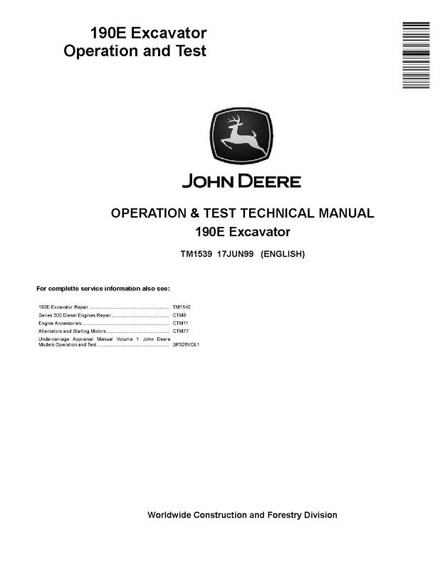 Operation and Test Manual - John Deere 190E Crawler Excavator (TM1539)