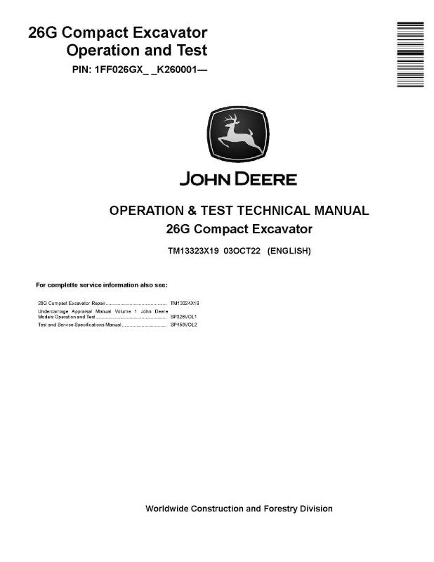 Operation and Test Manual - John Deere 26G (SN. from K260001) Compact Excavator (TM13323X19)