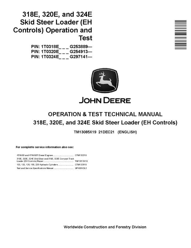 Operation and Test Manual - John Deere 318E, 320E and 324E Skid Steer Loaders with EH Controls (SN. from G253889) (TM13085X19)