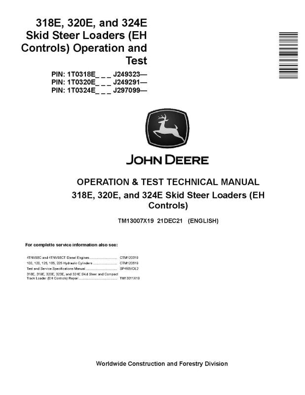 Operation and Test Manual - John Deere 318E, 320E and 324E Skid Steer Loaders with EH Controls (SN. from J249323) (TM13007X19)