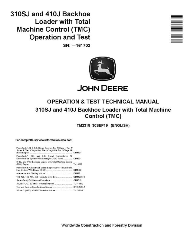 Operation and Test Manual - John Deere 410J Backhoe Loaders and 310SJ Side Shift Loaders (SN. before 161702) with TMC (TM2318)