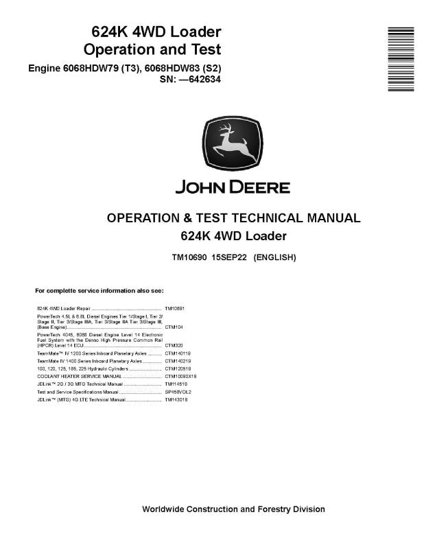 Operation and Test Manual - John Deere 624K (SN. before 642634) 4WD Loaders with 6068HDW79 Tier3, 6068HDW83 Stage2 Engine (TM10690)