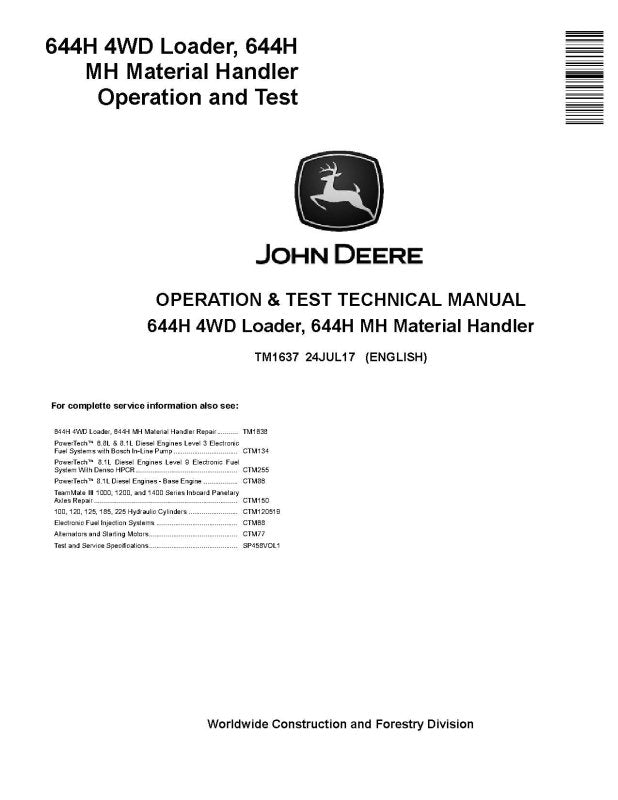 Operation and Test Manual - John Deere 644H 4WD Loaders and 644H MH Material Handler (TM1637)