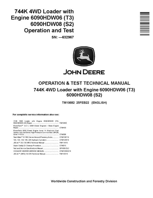 Operation and Test Manual - John Deere 744K (SN. before 632967) 4WD Loaders with Engines 6090HDW06 (T3), 6090HDW08 (S2) (TM10682)