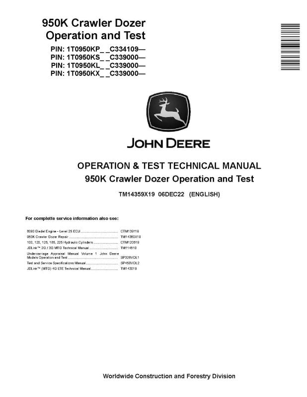 Operation and Test Manual - John Deere 950K Crawler Dozer (SN. from C334109) (TM14359X19)
