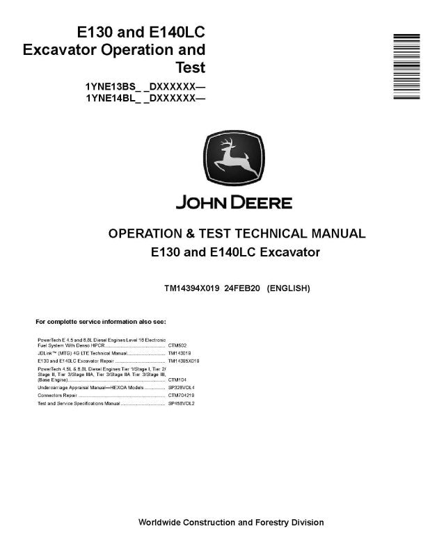 Operation and Test Manual - John Deere E130 and E140LC Crawler Excavator (SN. from D000001) (TM14394X019)