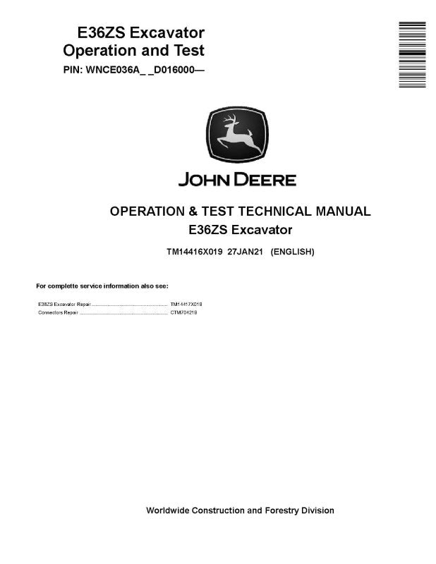 Operation and Test Manual - John Deere E36ZS (SN. from D016000) Compact Excavator (TM14416X019)