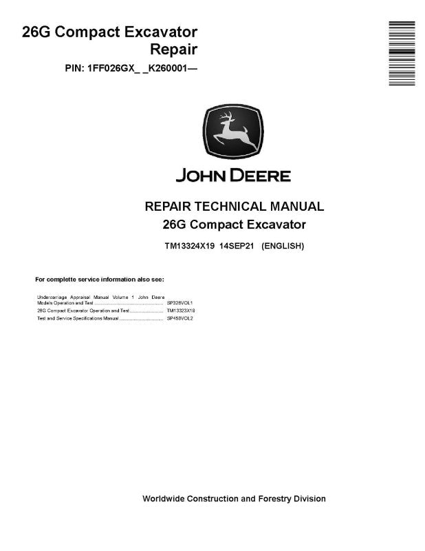 Repair Manual - John Deere 26G (SN. from K260001) Compact Excavator (TM13324X19)