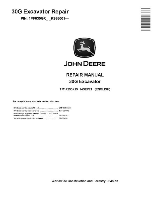 Repair Manual - John Deere 30G (SN. from K265001) Compact Excavator (TM14235X19)