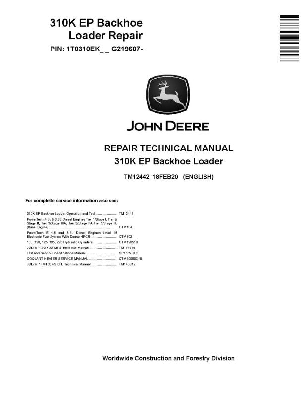 Repair Manual - John Deere 310K EP (SN. from G219607) Backhoe Loader (TM12442)