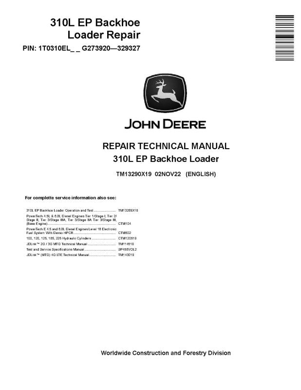 Repair Manual - John Deere 310L EP Backhoe Loaders (SN: G273920-329327) (TM13290X19)
