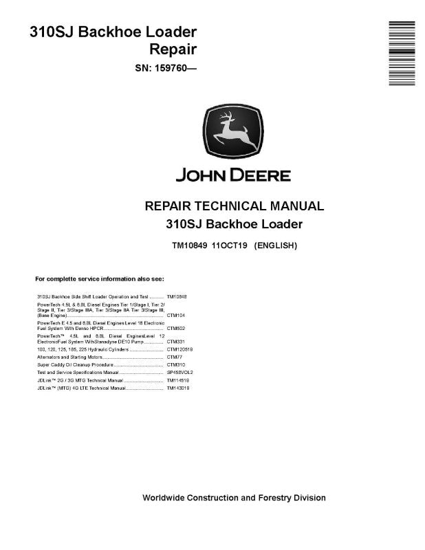 Repair Manual - John Deere 310SJ (SN. from 159760) Side Shift Backhoe Loader (TM10849)