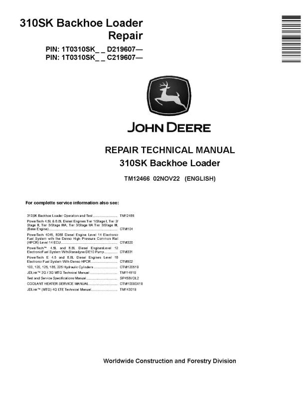 Repair Manual - John Deere 310SK Side Shift Backhoe Loaders (SN. from C219607, D219607) (TM12466)