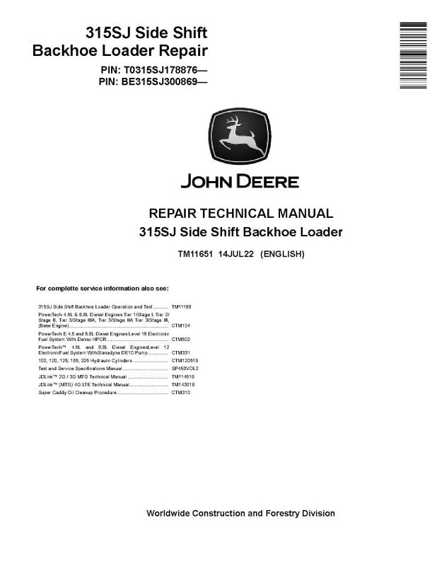 Repair Manual - John Deere 315SJ (SN. from BE315SJ300869, T0315SJ178876) Side Shift Backhoe Loader (TM11651)