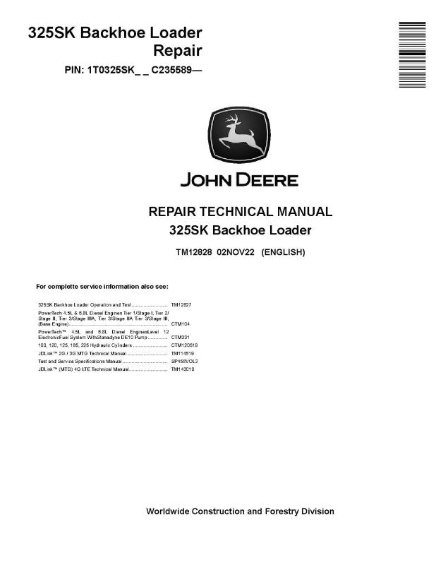 Repair Manual - John Deere 325SK Side Shift Backhoe Loaders (SN. from C235589) (TM12828)