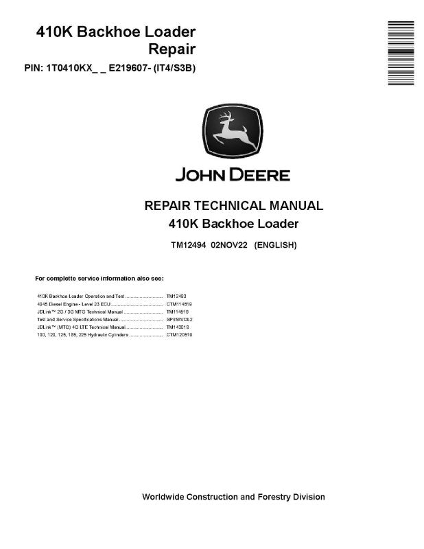 Repair Manual - John Deere 410K Backhoe Loaders (SN. from E219607) (TM12494)