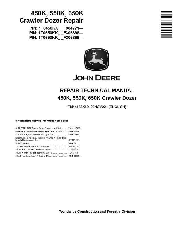 Repair Manual - John Deere 450K, 550K and 650K Crawler Dozer (SN. from F304771) (TM14163X19)