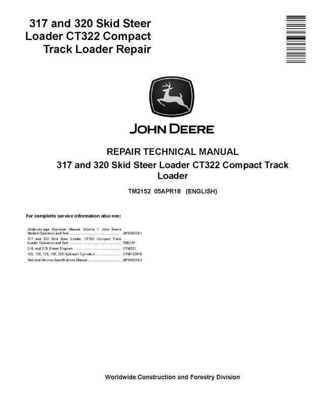 Repair Manual - John Deere CT322 Compact Track Loaders, 317 and 320 Skid Steer Loader (TM2152)