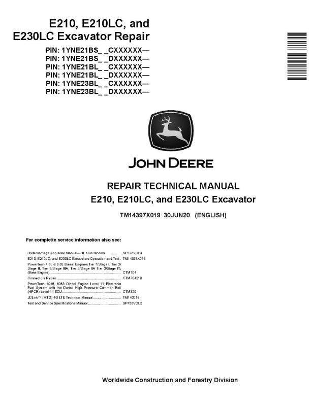 Repair Manual - John Deere E210, E210LC and E230LC Crawler Excavator (TM14397X019)