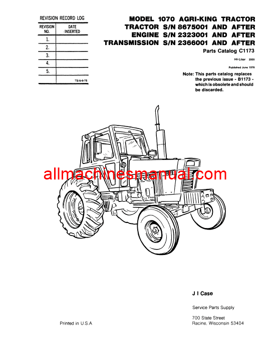 Download Case IH 1070 Tractor Parts Manual C1173