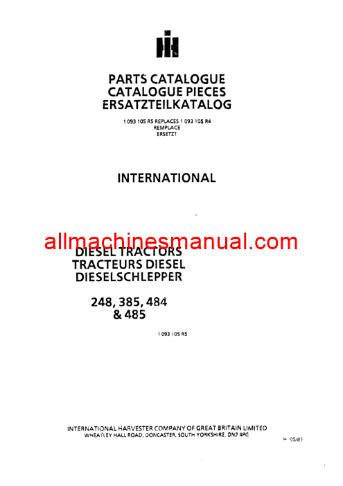 Download Case IH 248, 385,484, 485 Diesel Tractor Parts Manual 1093105R5