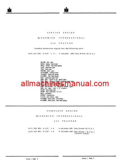 Download Case IH 434 Tractor Parts Manual BT-12E