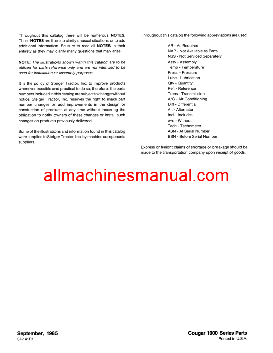 Case IH CR1225, CR1280, KR1225, KR1280 Cougar Range Powershift Tractor Pdf Parts Manual 37-141R1