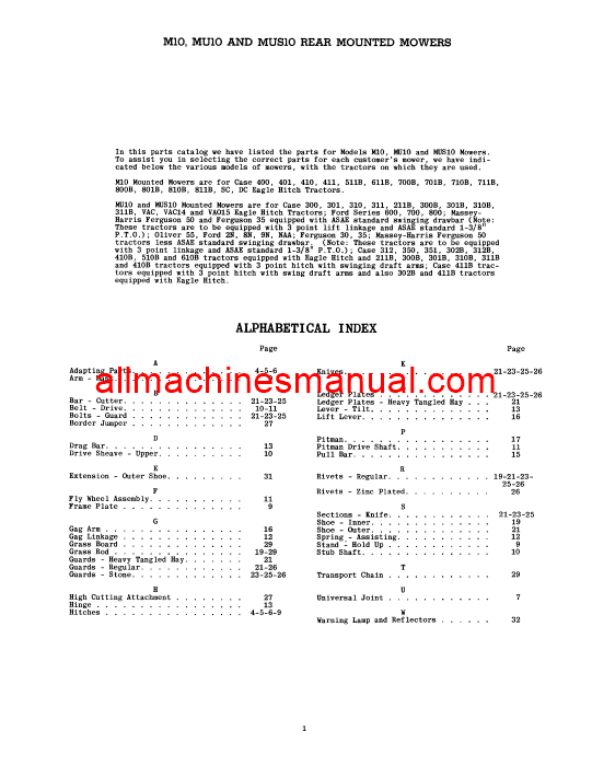 Download Case IH M10, MU10, MUS10 Rear Mounted Mowers Tractor Parts Manual C745