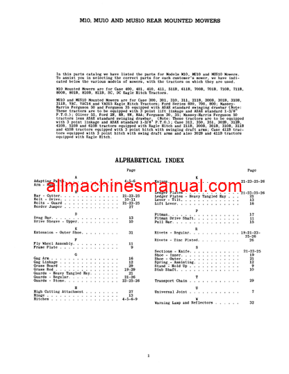 Download Case IH M10, MU10, MUS10 Rear Mounted Mowers Tractor Parts Manual C745