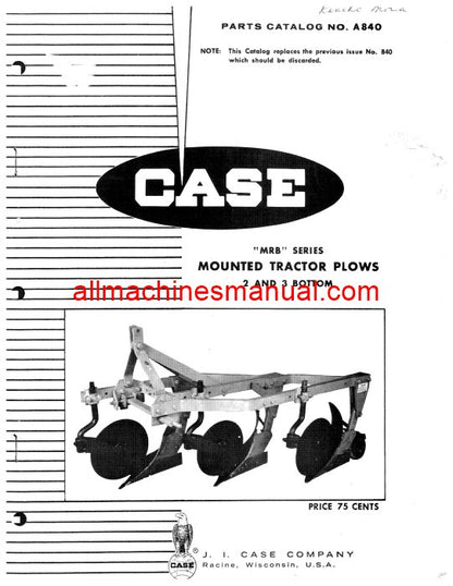 Download Case IH MRB Series Mounted Plows 2 & 3 Bottom Tractor Parts Manual A840