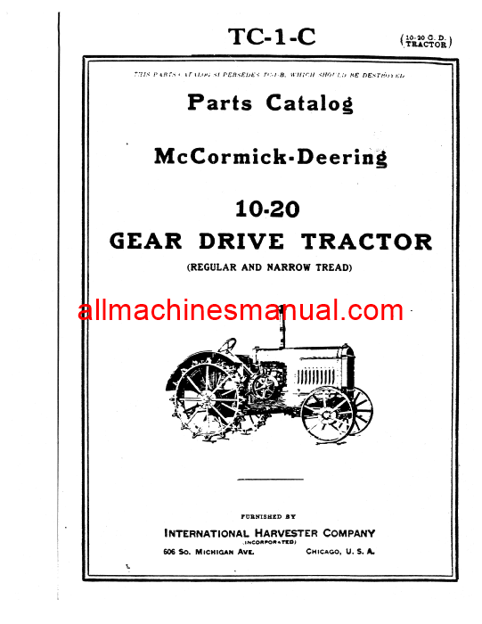 Download Case IH Mc-Cormick 10-20 Gear Drive Tractor Parts Manual TC-1-C