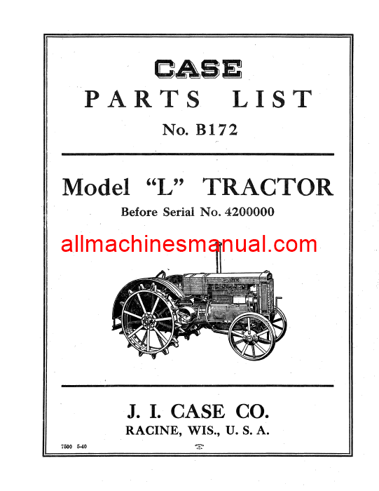 Case IH Model L Tractor Parts Manual B172