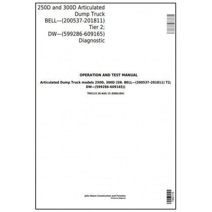 John Deere 250D, 300D Articulated Dump Truck (BELL, DW) Diagnostic, Pdf Operation and Test Manual TM2115 - All Machines Manual | Manuals At Best Price