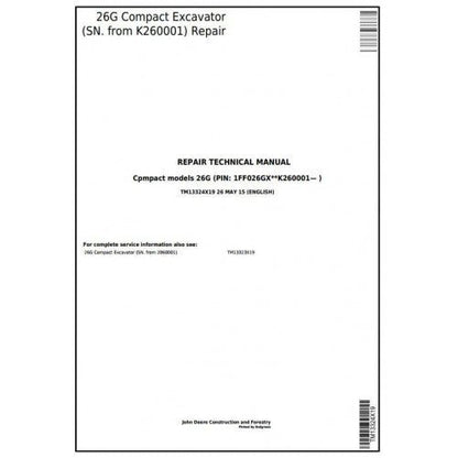 John Deere 26G Compact Excavator Pdf Service Repair Technical Manual TM13324X19