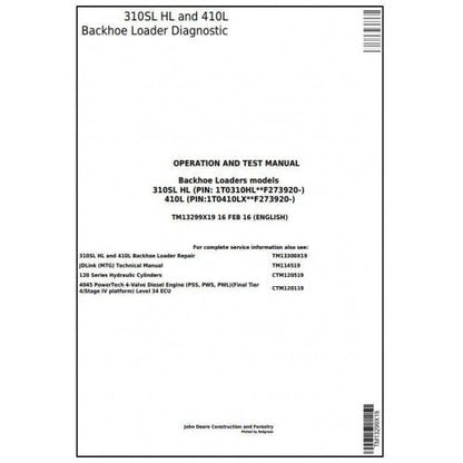 John Deere 310SL HL, 410L Backhoe Loader Pdf Operation and Test Manual TM13299X19