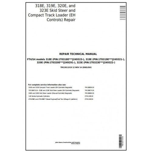 John Deere 318E, 319E, 320E, 323E Skid Steer and Compact Track Loader Pdf Service Repair Technical Manual TM13011X19