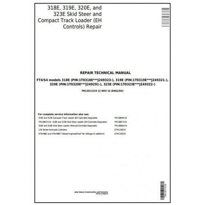 John Deere 318E, 319E, 320E, 323E Skid Steer and Compact Track Loader Pdf Service Repair Technical Manual TM13011X19