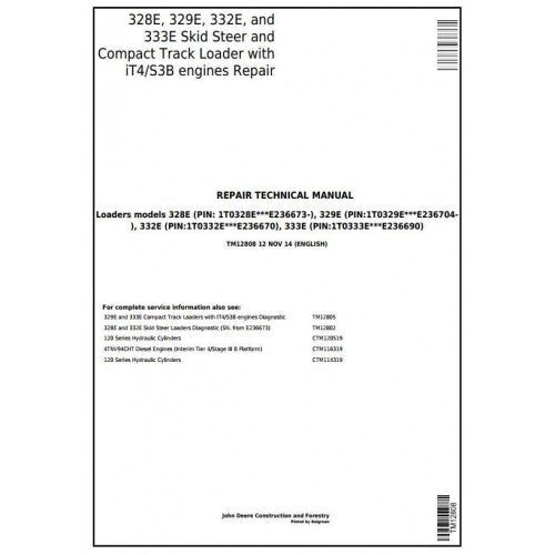 John Deere 328E, 329E, 332E, 333E Skid Steer and Compact Track Loader Pdf Service Repair Technical Manual TM12808