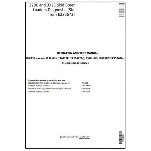 John Deere 328E and 332E Skid Steer Loader Pdf Operation and Test Manual TM12802 - All Machines Manual | Manuals At Best Price