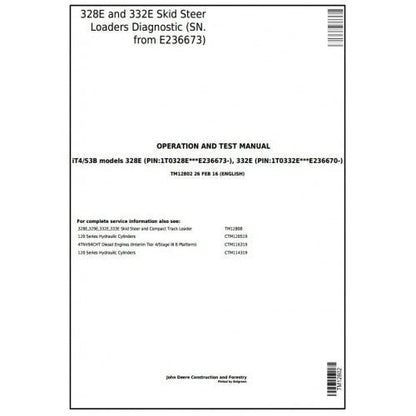 John Deere 328E and 332E Skid Steer Loader Pdf Operation and Test Manual TM12802 - All Machines Manual | Manuals At Best Price