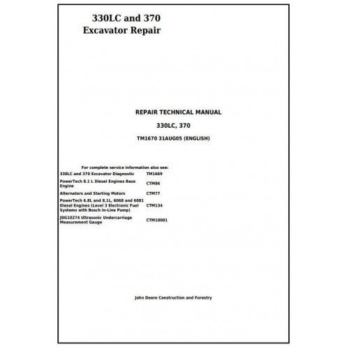 John Deere 330LC, 370 Excavator Pdf Service Repair Technical Manual TM1670 - All Machines Manual | Manuals At Best Price