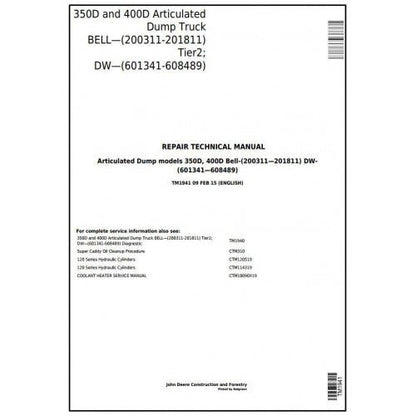 John Deere 350D, 400D Articulated Dump Truck Pdf Service Repair Technical Manual TM1941-2