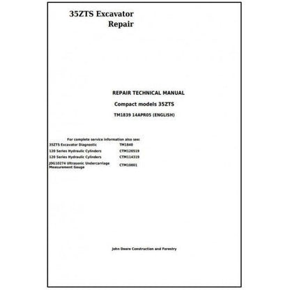 John Deere 35ZTS Compact Excavator Pdf Service Repair Technical Manual TM1839-2