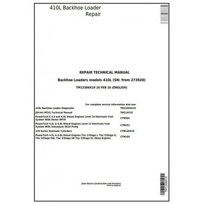 John Deere 410L Backhoe Loader Pdf Service Repair Technical Manual TM13306X19