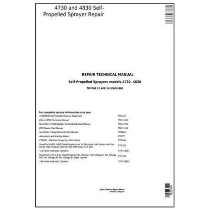 John Deere 4730 4830 Self-Propelled Sprayer Pdf Service Repair Technical Manual TM2368-2