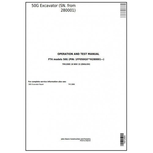 John Deere 50G Excavator Pdf Operation and Test Manual TM12885 - All Machines Manual | Manuals At Best Price